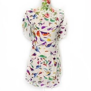 Flutter Sleeve Bird Print White Dress Sheath New